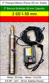 VORTEX 2 GD 1-50 mm Çapında 0.5 HP 2" Boruya Göre Dalgıç Pompa+Motor+Pano+20 mt. Kablo - 2