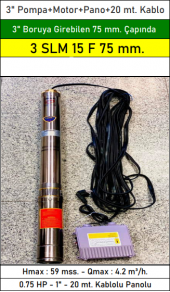 VORTEX 3 SLM 15 F 75 mm Çapında 0.75 HP 3" Boruya Göre Dalgıç Pompa+Motor+Pano+20 mt. Kablo - 2