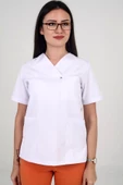 Deniz İş Kadın Alpaka Zarf Yaka Beyaz Renk Teküst Scrubs - 3