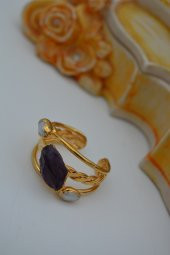 STONEAGE JEWELLERY Kırma Ametist ve İnci Tasarım Bayan Yüzük thumbnail 1