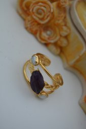 STONEAGE JEWELLERY Kırma Ametist ve İnci Tasarım Bayan Yüzük thumbnail 2