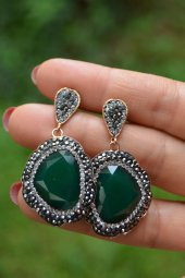 STONEAGE Özel Tasarım Yeşil Kristal Taşlı Bayan Küpe - 4