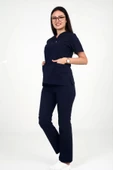 Deniz İş Kadın Terycotton Zarf Yaka Lacivert Renk Scrubs Takım - 1
