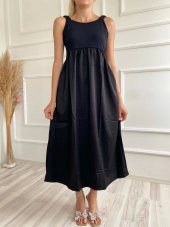 Kadın Kare Yaka Uzun Elbise Siyah - 8