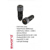 SWORD QC3.0 USB-C PD 3.0 HIZLI ARAÇ ŞARJ BAŞLIĞI 38W - 2