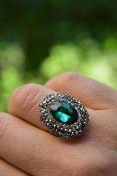 STONEAGE Yeşil Kristal Taşlı El Yapımı Kadın Ayarlanabilir Yüzük thumbnail 1