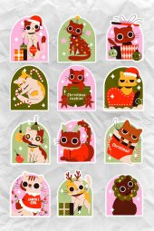 Yılbaşı Noel Sevimli Kediler 12Li Laptop, Tablet, Cep Telefonu Sticker Seti thumbnail 1