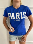Kadın Basic Tişört Parıs Le Maraıs Baskılı Mavi thumbnail 1
