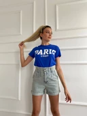 Kadın Basic Tişört Parıs Le Maraıs Baskılı Mavi thumbnail 5