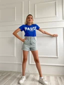 Kadın Basic Tişört Parıs Le Maraıs Baskılı Mavi thumbnail 6