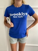 Kadın Basic Tişört Brooklyn New York Baskılı Mavi thumbnail 2