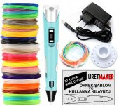 MAVİ Renk 3D Pen Kalem Yazıcı ve 20 metre PLA Filament (10 renk x 2 metre) - 1