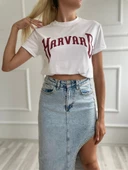 Kadın Basic Tişört Harvard Baskılı Beyaz thumbnail 4