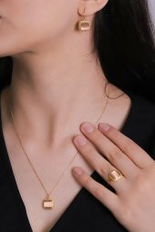 Güneş Taşı Serisi Sarma Kare Kesim Renkli Kadın Üçlü Otantik Gümüş Takı Seti - 1