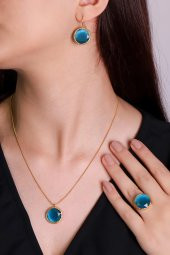 Güneş Taşı Serisi Yuvarlak Mavi Renkli Kadın Otantik Gümüş Üçlü Takı Seti - 2