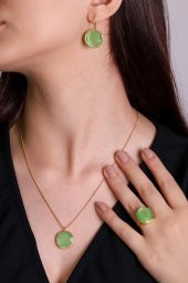 Güneş Taşı Serisi Yuvarlak Yeşil Renkli Kadın Otantik Gümüş Üçlü Takı Seti - 2