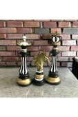 Siyah Beyaz Çizgili Gold 3lü Satranç Biblo - 2