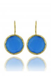 Güneş Taşı Kedi Gözü Yuvarlak Mavi 22 Ayar Gold Altın Sarı Kaplama Kadın Küpe - 1