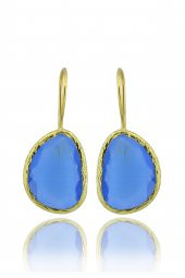 Güneş Taşı Serisi Kedi Gözü Fasulye Kesim Mavi 22 Ayar Gold Altın Sarı Kaplama Kadın Küpe - 1