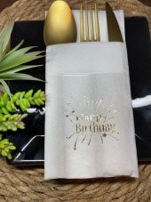 Gold Yaldızlı Beyaz Cepli Happy Bırthday Peçete 12 Adet 40x40 - 1