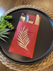 Gümüş Yaldızlı Kırmızı Yaprak Cepli Aır Touch Peçete 12 lı 40x40 thumbnail 2