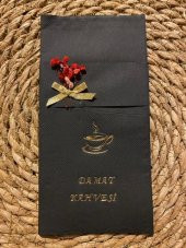 Gold Yaldızlı Siyah Çiçekli Damat Kahvesi Cepli Peçete - 1