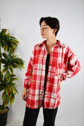 Kadın Kırmızı Ekose Desenli Kaşe Pamuklu Oduncu Oversize Ceket Gömlek - 1