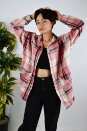 Kadın Kanguru Cepli Pembe Ekose Desenli Kaşe Pamuklu Oduncu Oversize Ceket Gömlek - 1