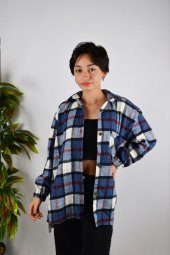 Kadın Mavi Ekose Desenli Kaşe Pamuklu Oduncu Oversize Ceket Gömlek - 1