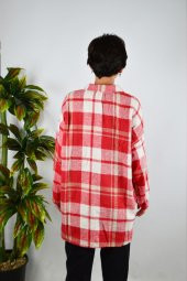 Kadın Kırmızı Ekose Desenli Kaşe Pamuklu Oduncu Oversize Ceket Gömlek - 2