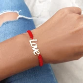 Vaoov 925 Ayar Gümüş Love Yazılı Kırmızı Makrome Örgü Bileklik - 3