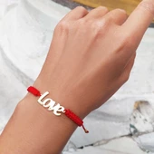 Vaoov 925 Ayar Gümüş Love Yazılı Kırmızı Makrome Örgü Bileklik - 1