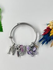 Kadın Charm N Harfi & Kelebek Lila Taşlı Çelik Bileklik - 1