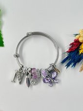 Kadın Charm N Harfi & Kelebek Lila Taşlı Çelik Bileklik - 5