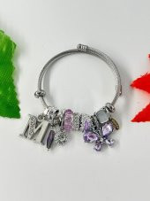 Kadın Charm M Harfi & Kelebek Lila Taşlı Çelik Bileklik - 5