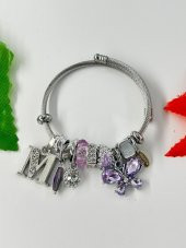 Kadın Charm M Harfi & Kelebek Lila Taşlı Çelik Bileklik - 7