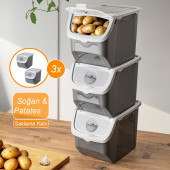 Porsima Coral 3 lü Çok Amaçlı Plastik Patates Soğan Sarımsak Saklama Kutusu 12 Litre - Gri - 1