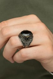 Oval Siyah Taşlı 925 Gümüş Erkek Yüzük thumbnail 3