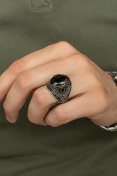 Oval Siyah Taşlı 925 Gümüş Erkek Yüzük thumbnail 4
