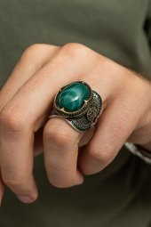 Yeşil Kaplan Gözü Taşlı Mührü Süleyman Motifli 925 Gümüş Erkek Yüzük thumbnail 1