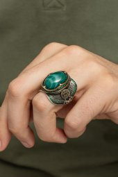 Yeşil Kaplan Gözü Taşlı Mührü Süleyman Motifli 925 Gümüş Erkek Yüzük thumbnail 3