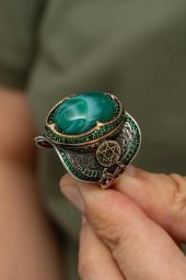 Yeşil Kaplan Gözü Taşlı Mührü Süleyman Motifli 925 Gümüş Erkek Yüzük thumbnail 4