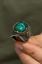 Yeşil Kaplan Gözü Taşlı Mührü Süleyman Motifli 925 Gümüş Erkek Yüzük thumbnail 6