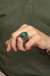 Yeşil Kaplan Gözü Taşlı Mührü Süleyman Motifli 925 Gümüş Erkek Yüzük thumbnail 7