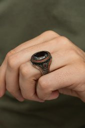 Oval Kırmızı Taşlı 925 Gümüş Erkek Yüzük thumbnail 1