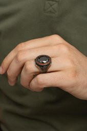 Oval Kırmızı Taşlı 925 Gümüş Erkek Yüzük thumbnail 3