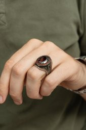 Oval Kırmızı Taşlı 925 Gümüş Erkek Yüzük thumbnail 8