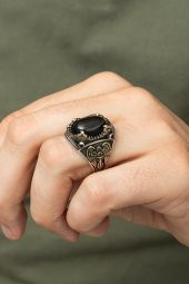 Siyah Oniks Taşlı Kartal Motifli 925 Gümüş Erkek Yüzük thumbnail 1