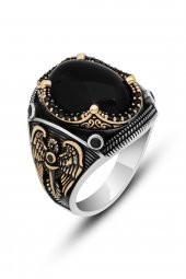 Siyah Oniks Taşlı Kartal Motifli 925 Gümüş Erkek Yüzük thumbnail 2