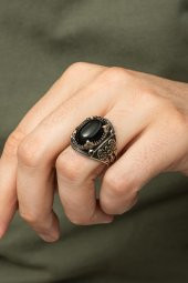 Siyah Oniks Taşlı Kartal Motifli 925 Gümüş Erkek Yüzük thumbnail 3
